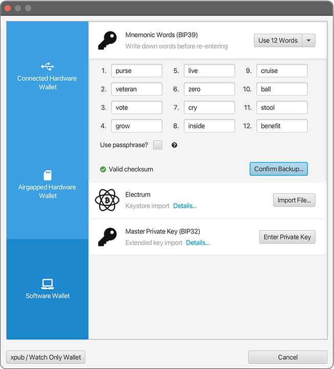 Selecting a 12-word BIP39 mnemonic seed phrase in Sparrow Wallet