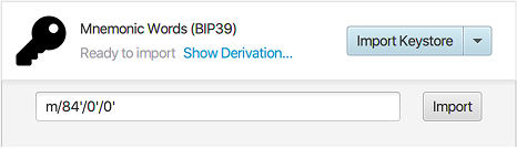 Confirming derivation path and importing keystore in Sparrow