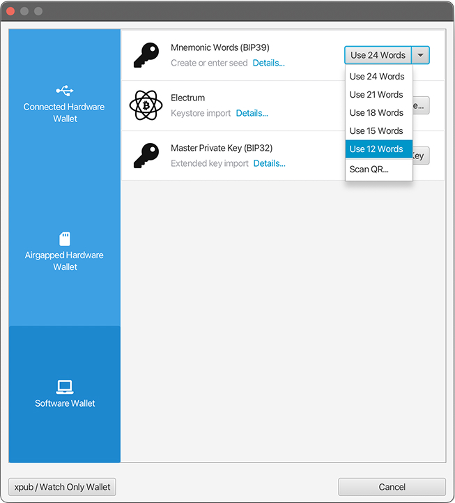 Generating a 12-word BIP39 backup seed phrase in Sparrow Wallet