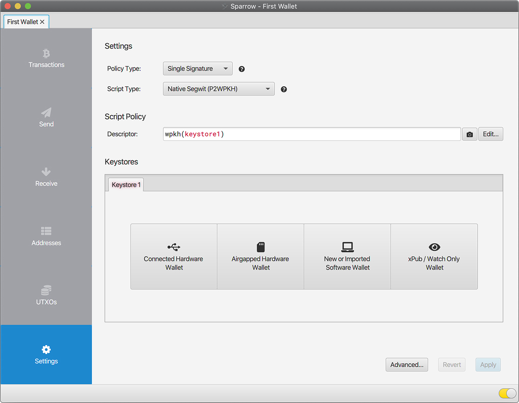 Sparrow Wallet initial settings with Single Signature and Native Segwit selected