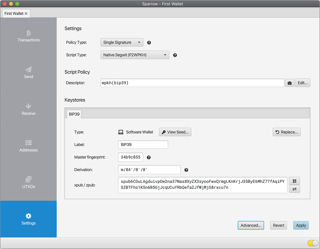 Completed Sparrow Wallet setup showing xpub key and keystore details