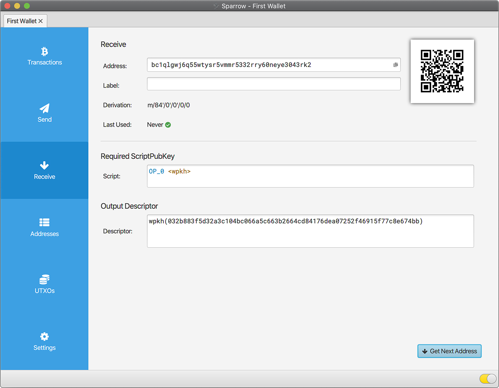 Sparrow Wallet receive tab generating the first Native Segwit address