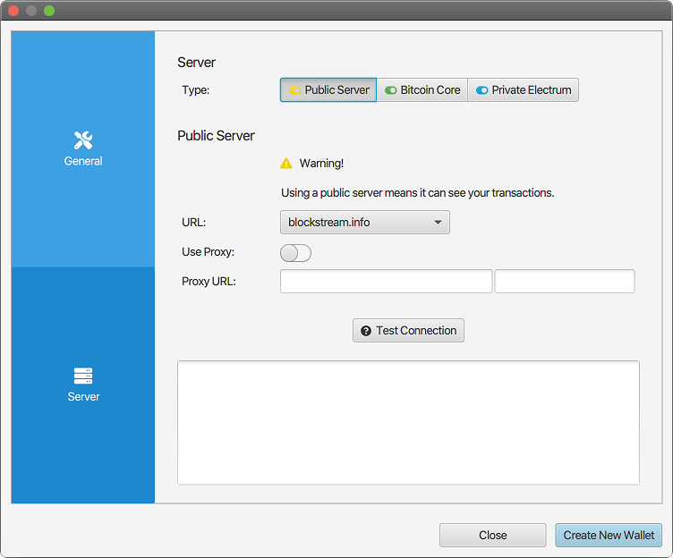 Configuring public server connection in Sparrow Wallet preferences