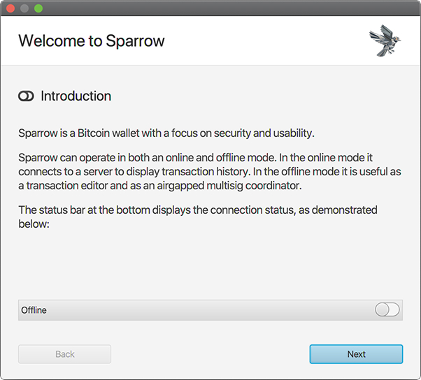 Sparrow Wallet welcome screen showing online and offline mode selection