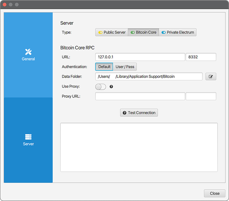 Sparrow Wallet server settings configured for a local Bitcoin Core node with default authentication
