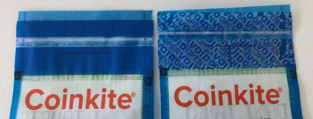 Coinkite tamper-evident security bags for Coldcard showing sealed and voided states