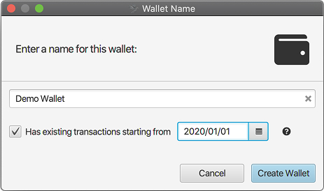 Creating a new wallet in Sparrow and setting a start date to rescan existing transactions