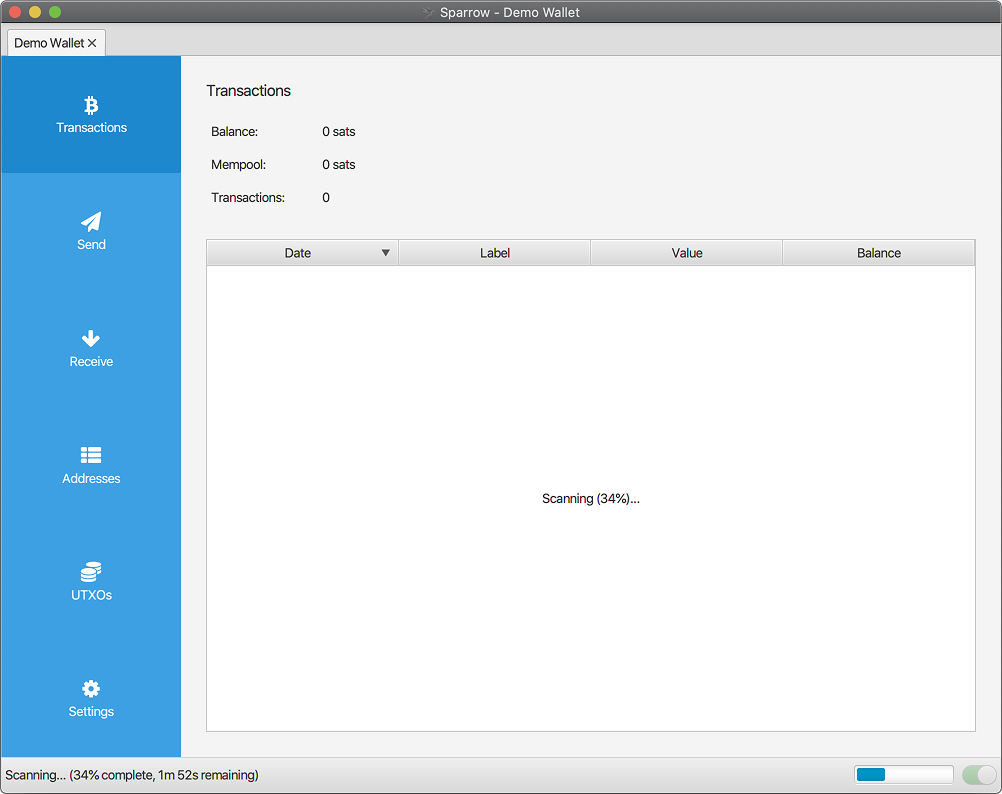 Sparrow Wallet interface displaying the blockchain scanning progress bar for transaction history
