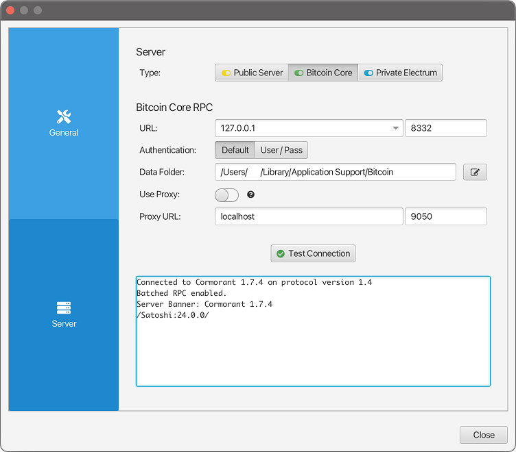 Successful connection test diagnostic to a local Bitcoin Core node in Sparrow Wallet