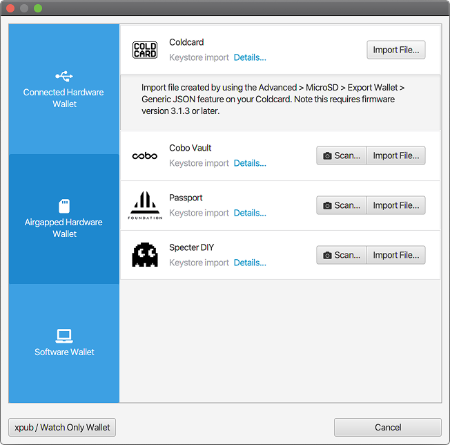 Importing the Coldcard generic JSON configuration file via MicroSD into Sparrow Wallet