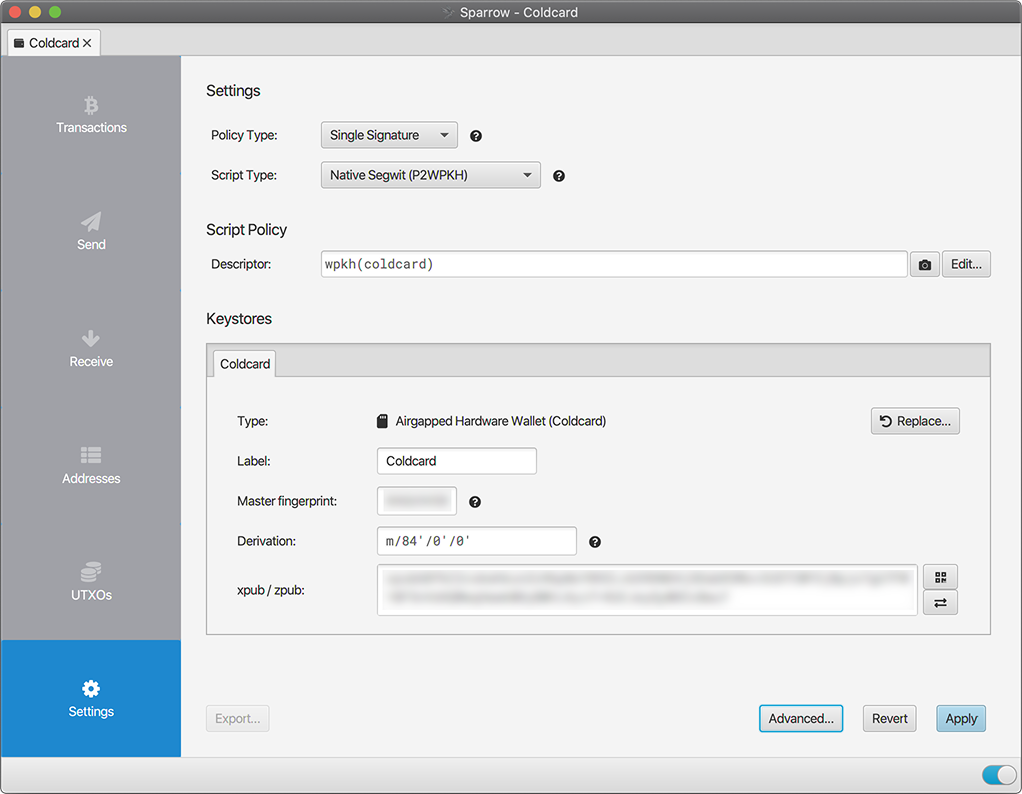 Completed Coldcard hardware wallet setup in Sparrow showing xpub and master fingerprint