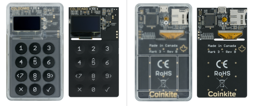 Front and back views of the Coldcard hardware wallet showcasing its physical keypad and screen