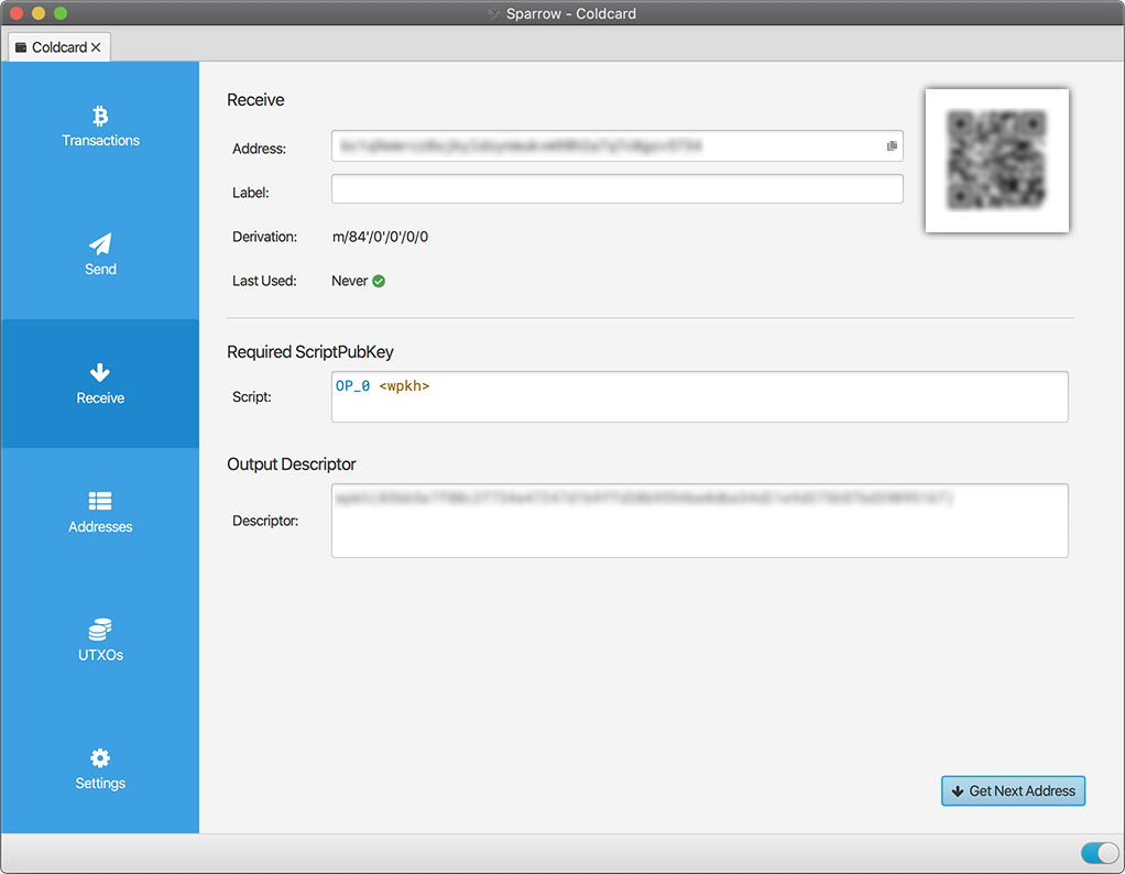 Generating the first secure receiving Bitcoin address for a Coldcard wallet in Sparrow