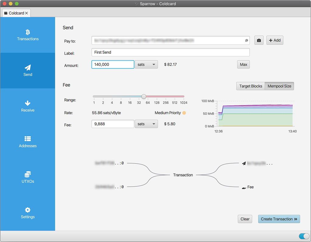 Constructing a Bitcoin transaction in Sparrow Wallet to be signed by a Coldcard