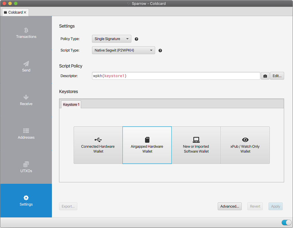 Sparrow Wallet keystore selection highlighting the Airgapped Hardware Wallet option