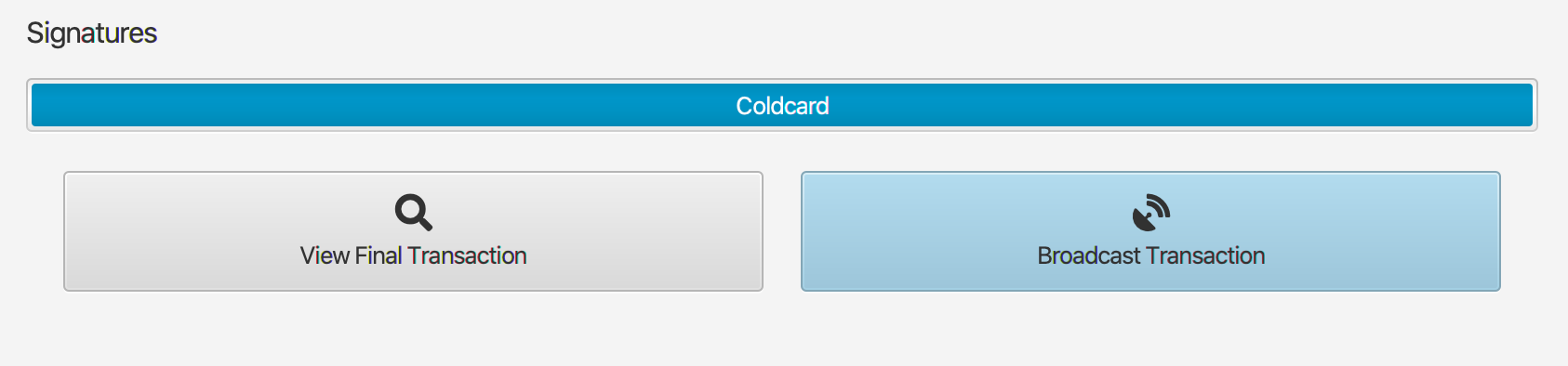 Sparrow Wallet interface displaying a fully signed Coldcard transaction ready to broadcast