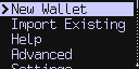 Coldcard device screen menu highlighting the New Wallet setup option